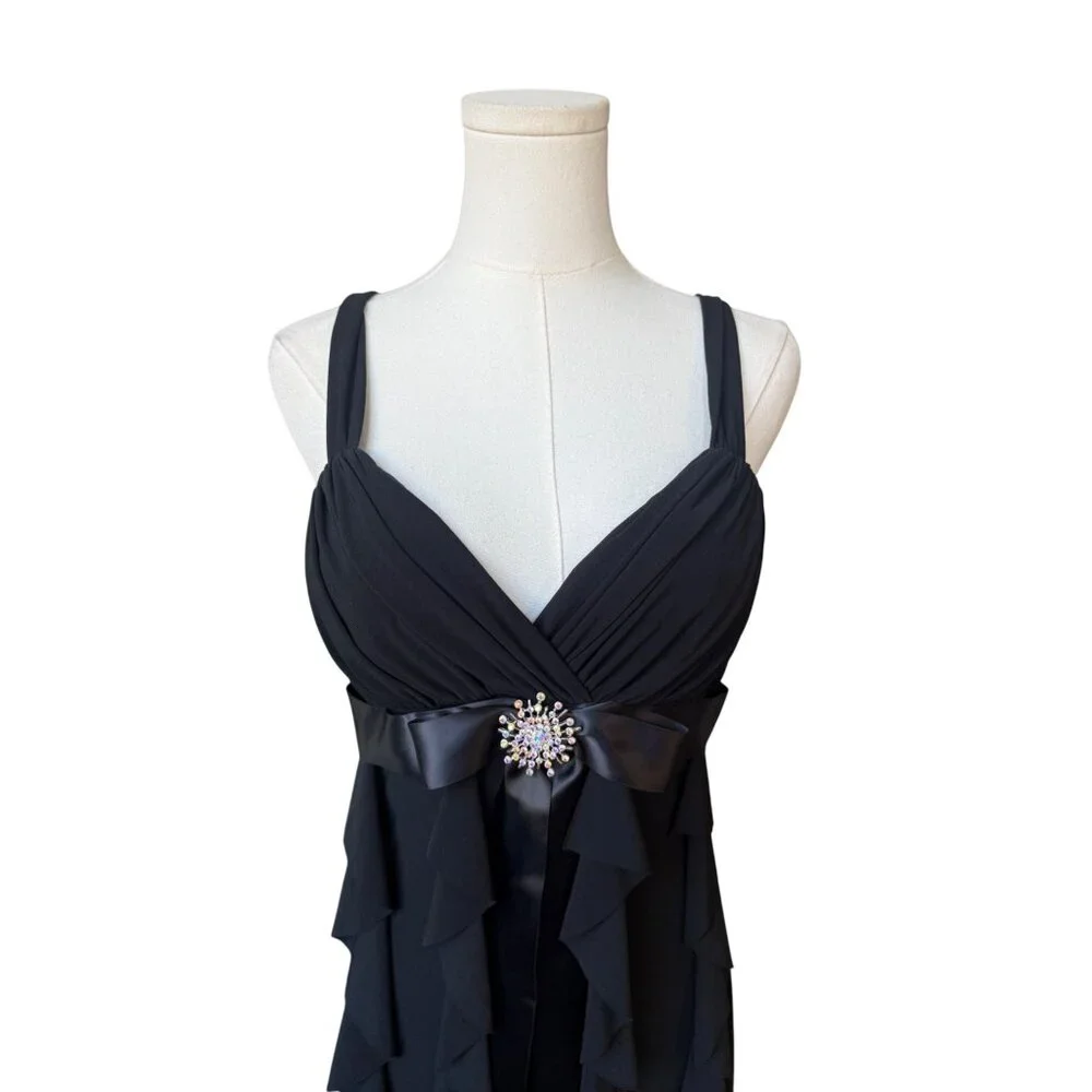 Betsy & Adam Y2K Cocktail Party‎ Dress Size 8 Satin Rhinestone Ruffle Tiered - Picture 2 of 6